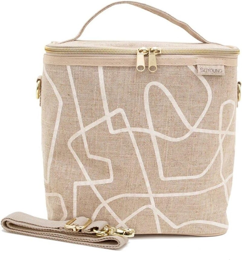 SoYoung Lunch Poche - Insulated Lunch Bag for Work, Travel & Picnic, Linen/Cotton, Machine Washable, Detachable Strap - White Abstract Lines - Image 1